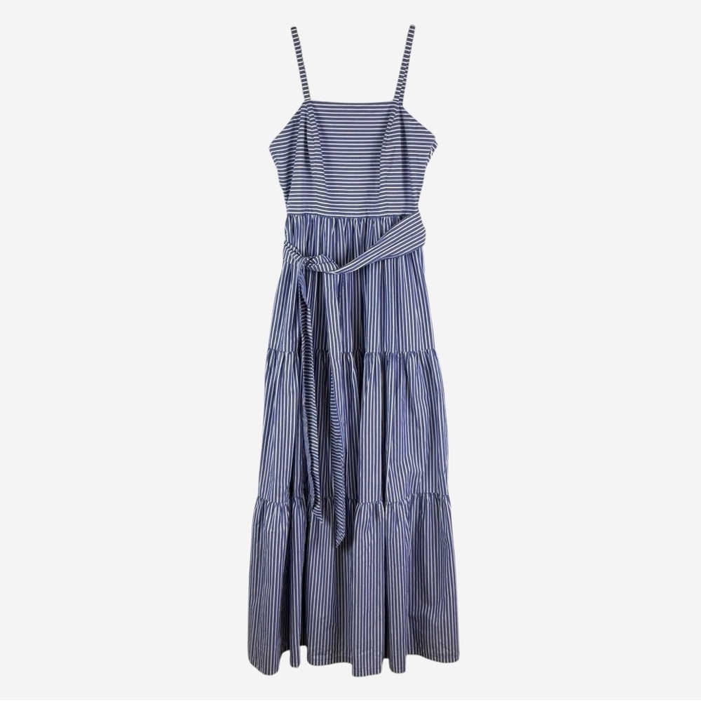 J Crew Cotton Poplin Tiered Maxi Dress Size 0 Striped Blue White Tie Waist - Picture 4 of 13